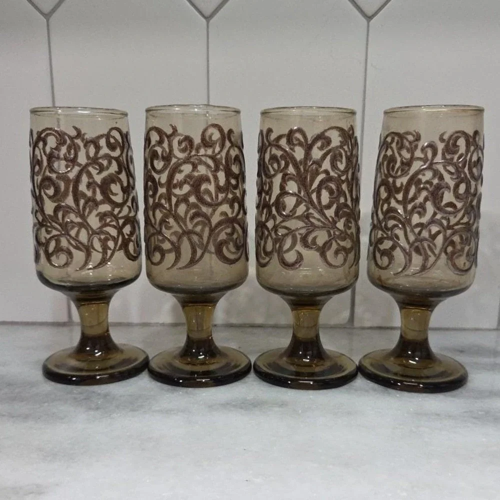Libbey Prado Tawny Brown Juice Glasses, Set of 4, Vintage‎ Footed Stemware